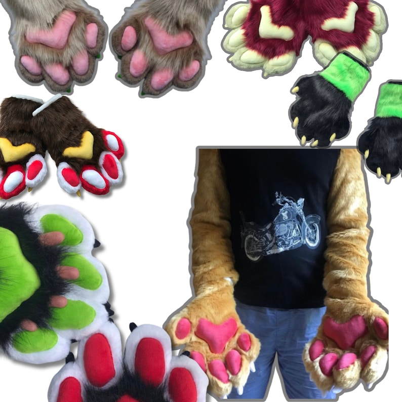 May include: A collection of furry paw gloves in various colors and designs. The paws feature pink, red, yellow, green, and black pads and claws. One pair of gloves is attached to a tan furry sleeve and a black t-shirt with a motorcycle graphic.