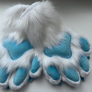 White Fursuit Paws With Blue Pads, Custom Paws