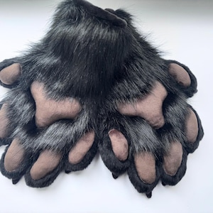Realistic Black Fursuit Paws with Brown Paw Pads, Handmade Animal Paw Gloves