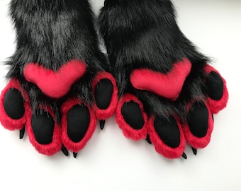 Czerwone sztuczne futro Fursuit Paws: Ręcznie robione pluszowe rękawiczki w kształcie łapek