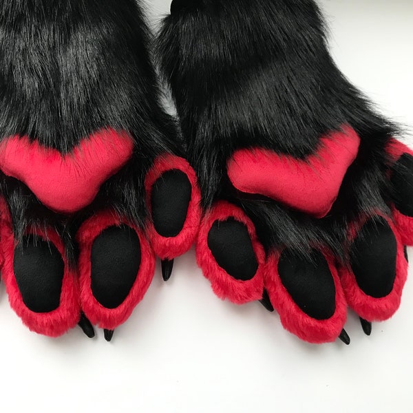 Red Fursuit Paws, Paw Gloves Red, Red Furry Paws, Red Fur Paws