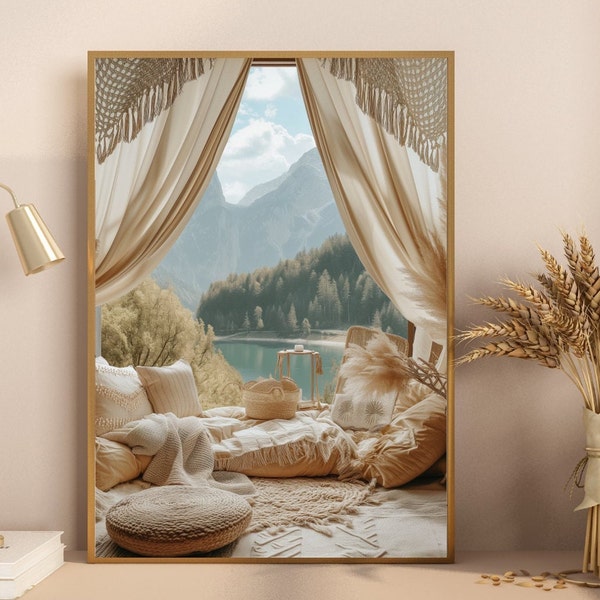 5 x Ausblick Wohnzimmer auf die Berge mit See | boho style & color |  [DIGITALER DOWNLOAD]