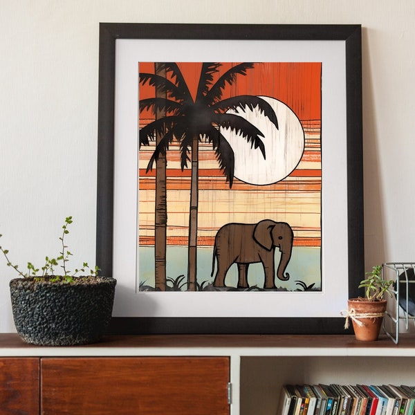 5 x Elephant am Strand | Palmen | Tiere & Natur | braun rot gelb hellblau schwarz | [DIGITALER DOWNLOAD]