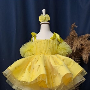 Luxury Party Dress for Little Girls, Elegant Yellow Tulle Dress for Girls with Pearl Accents, Exquisite Dress with Pearls for Girls