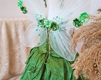 St Patricks Day Outfit, Luxury Wing Tinkerbell Dress for Girls, Handmade Flower Birthday Clothes, Green Fairy Costume  Gift for Girls