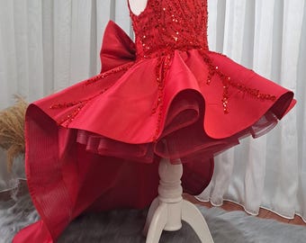 Rotes Blumenmädchen Kleid, Pailletten Prinzessinnen Kleid, High Low Kleinkind Kleid, Geburtstag Outfit, Hochzeitsfeier, Big Bow formelle Kleidung