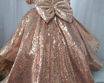 Sequin Party Dress, Bronze Brown Strapless Puffy Sleeve Girls Dress