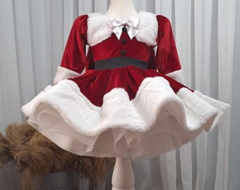 Velvet Santa Dress, Girls Christmas Costume with Hat