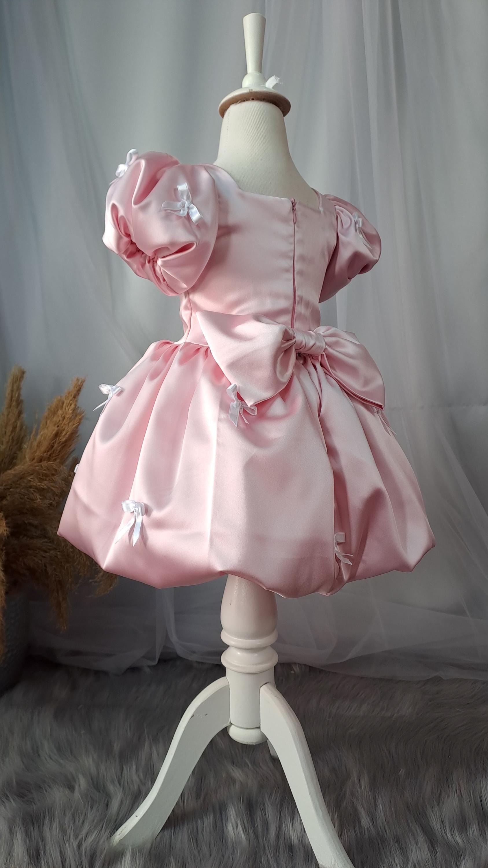 Pink Satin Dress for Girls, Deluxe Girl Birthday Dress, Princess Birthday Outfit, Elegant Handmade Girl Gown, Birthday & Event Outfit