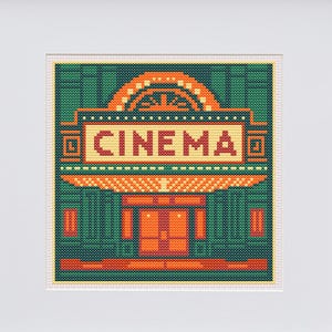 Könnte beinhalten: Ein gerahmtes Kreuzstich-Kunstwerk mit einem Retro-Kino-Design. Das Kunstwerk zeigt das Wort "CINEMA" im Stil eines Leuchtkastens, mit einem grünen und orangenen Farbschema. Der Rahmen ist weiß.