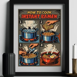 Japanese Food Cross Stitch Pattern Ramen Bowl, Instant Noodle Cooking Guide, Funny Kitchen Decor