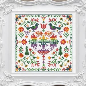 Wzór haftu krzyżykowego LGBTQ Quaker Sampler, geometryczne tęczowe serce i duma