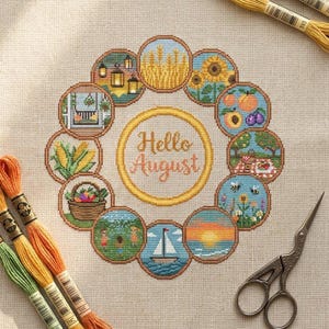 Hello August Cross Stitch Pattern | Late Summer Harvest Wreath | Sunflower Peach Corn Sampler Chart PDF