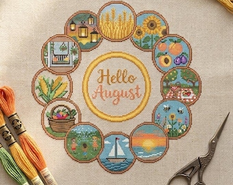 Hello August Cross Stitch Pattern | Late Summer Harvest Wreath | Sunflower Peach Corn Sampler Chart PDF