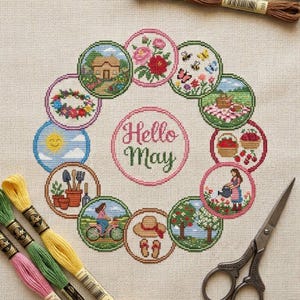 Patrón de punto de cruz "Hola Mayo" - Corona de primavera y verano - Muestrario de abejas fresas - Calendario mensual en PDF