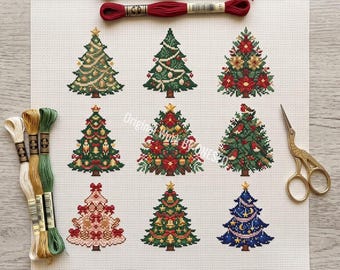 Kreuzstichmuster „Weihnachtsbaum-Kollektion“, 9 Mini-Stickmuster, festliche Weihnachtsmotiv-Stickerei, Weihnachtsstern-Schleifen, klassische Kiefernzweige, Zählvorlage (PDF)