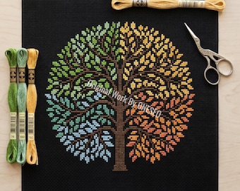 Patrón de punto de cruz del árbol de las cuatro estaciones, muestrario botánico de primavera, verano, otoño e invierno, patrón de tapicería de naturaleza, gráfico contado, decoración en PDF