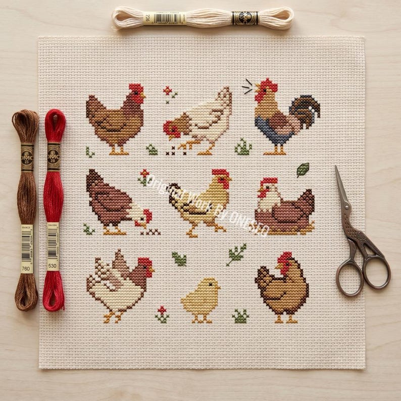 May include: A completed cross-stitch project featuring nine chickens and a chick in various poses, stitched on a cream-colored fabric. Embroidery floss in brown, red, and cream, along with small scissors, are arranged around the artwork. The design includes small floral and leaf accents.