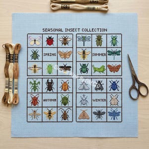 May include: A light blue needlepoint canvas featuring a grid of embroidered insects, labeled by season. The text "SEASONAL INSECT COLLECTION" is at the top. Embroidery floss and scissors are in the image.