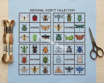 Seasonal Insect Cross Stitch Pattern - Entomology Bug Collection - Beetle Butterfly Moth Dragonfly Chart - 4 Seasons Nature Sampler PDF