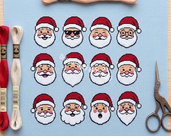 Christmas Santa Claus Cross Stitch Pattern, funny Saint Nick face sampler, Kris Kringle sunglasses spectacles winking white beard red hat