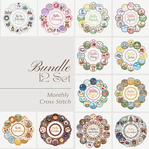 May include: A set of 12 monthly cross-stitch patterns. Each design is a circular wreath with seasonal imagery and the month's name. The designs include winter scenes, spring flowers, summer beaches, and autumn harvests.