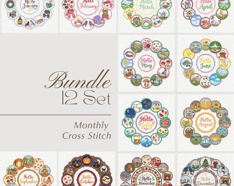 Bundle 12 Set Monthly Cross Stitch | Hello January to December Pattern | Four Seasons Wreath Chart PDF