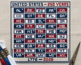 America 250 Cross Stitch Pattern | 50 States Abbreviations USA Sampler | United States 1776-2026 Geography Chart PDF
