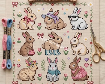Kawaii konijn en konijn kruissteekpatroon, 9 mini-gekleed huisdiermotieven bloemenstrik sampler, flirtdecor getelde steekkaart kunst pdf