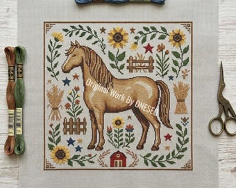 Boerderij volkskunst paard kruissteekpatroon, boerenschuur zonnebloem tarwe Sampler, rustieke getelde steekkaart Craft Design PDF