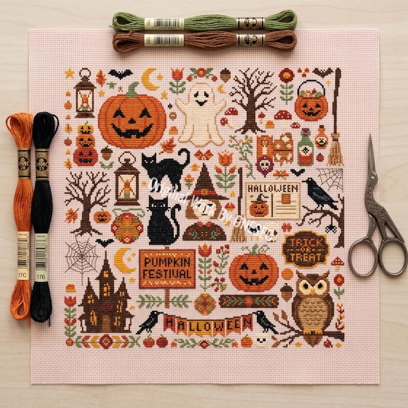 May include: A cross-stitch pattern on light pink fabric featuring Halloween motifs including pumpkins, a ghost, black cats, an owl, a haunted house, and signs reading Pumpkin Festival, Halloween, and Trick or Treat, with embroidery floss and scissors.