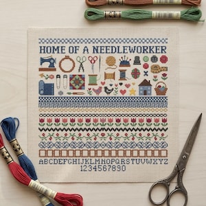 Home of a Needleworker Cross Stitch Pattern | Sewing Room Decor Sampler | Vintage Craft Studio Alphabet | Scissors Thread Machine Chart PDF