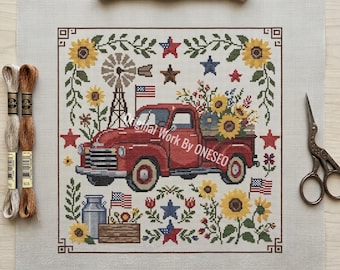 Primitieve volkskunst vintage rode vrachtwagen kruissteekpatroon, patriottisch Amerika zonnebloem Sampler, getelde steekkaart ambachtelijk ontwerp pdf