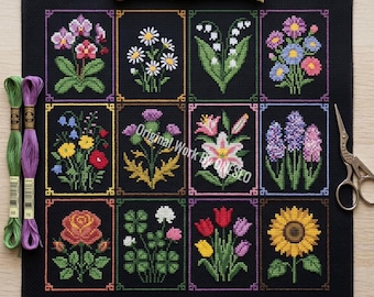 Patrón de punto de cruz de arte popular floral - Muestrario botánico moderno - Tabla de paleta de colores - Descarga digital de instrucciones de símbolos