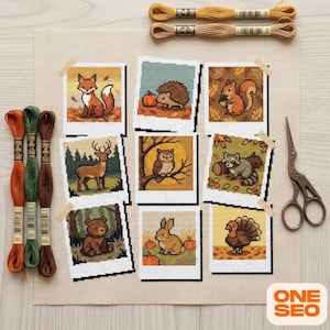 Autumn Animal Cross Stitch Pattern | Fall Woodland Polaroid Photo Sampler | Fox Owl Turkey Chart PDF