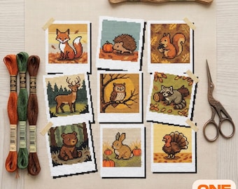 Autumn Animal Cross Stitch Pattern | Fall Woodland Polaroid Photo Sampler | Fox Owl Turkey Chart PDF