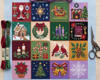 Klassisches Weihnachtsmuster für Kreuzstich, 16 Mini-Stickereien, Patchwork-Design für Weihnachtsquilts, Weihnachtsmann, Buch, Volkskunst, Zählmuster-PDF