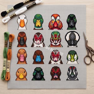 Duck Breeds Cross Stitch Pattern, 16 mini faces, colorful drake, wetland waterfowl, bird, rustic wildlife animal Counted Cross Stitch PDF