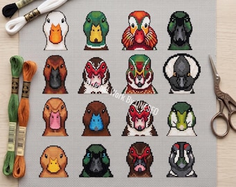 Duck Breeds Cross Stitch Pattern, 16 mini faces, colorful drake, wetland waterfowl, bird, rustic wildlife animal Counted Cross Stitch PDF