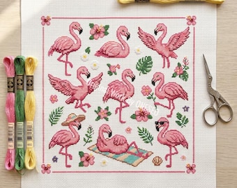 Flamingo kruissteekpatroon, 9 mini grappige vogel sampler motieven hibiscus bloemen, zomer tropische vibes getelde steekkaart kunst pdf
