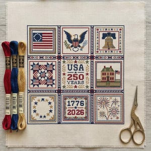 America 250 Cross Stitch Pattern, USA Semiquincentennial Chart, 1776-2026 Patriotic Quilt Sampler, Liberty Bell Eagle PDF