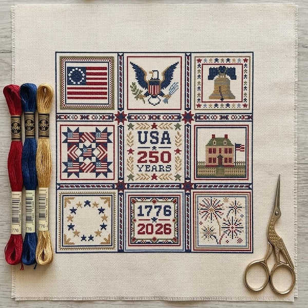 America 250th anniversary Cross Stitch Pattern, USA Semiquincentennial Chart, 1776-2026 Patriotic Quilt Sampler Liberty Bell Eagle Chart PDF