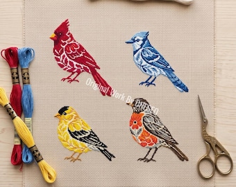 Floral Bird Cross Stitch Pattern, botanical nature sampler, cardinal blue jay goldfinch robin, elegant foliage art, Counted chart PDF