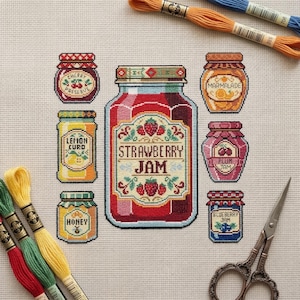 Patrón de punto de cruz para tarro de mermelada, decoración de cocina, bordado moderno y sencillo, descarga instantánea en PDF.