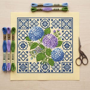 May include: A needlepoint canvas featuring a floral design of blue and purple hydrangeas with green leaves, surrounded by a blue geometric border.  Several skeins of embroidery floss in blue, purple, and green are arranged nearby, along with a pair of small scissors.