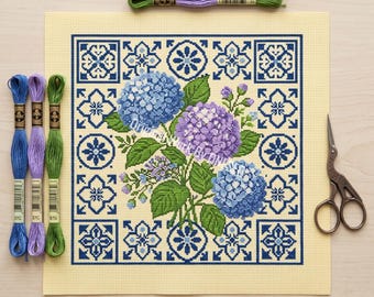 Summer Hydrangea With Mediterranean Tile Cross Stitch Pattern - Classic Portuguese Azulejo Blue White Ceramic Floral Wall Art Chart PDF