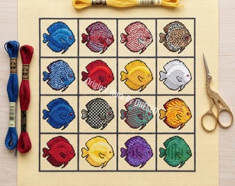 Colorful Discus Fish Cross Stitch Pattern, 16 mini faces, tropical aquatic pet cichlid, freshwater aquarium animal, Counted Cross Stitch PDF