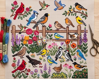 Floral Fence Bird Cross Stitch Pattern, backyard garden nature sampler, cardinal blue jay robin hummingbird woodpecker dove oriole, PDF