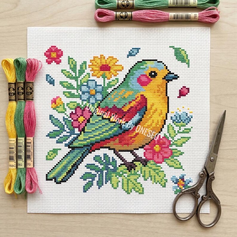 Summer Songbird Bright Floral Cross Stitch Pattern - Colorful Yellow Bird Blooming Branch Home Decor - Cute Nature Botanical Chart PDF image 8