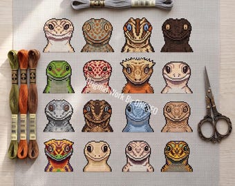 Gecko-Kollektion Kreuzstichmuster, 16 Mini-Gesichter, tropische Echse, exotisches Reptil, Terrarium für einen Leoparden, Zählvorlage für Kreuzstich (PDF)